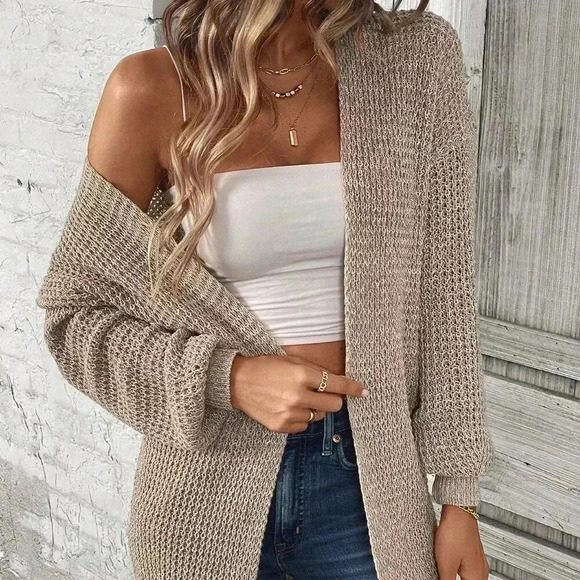 Khaki Casual Women's Drop Shoulder Design Cardigan - Picture 3 of 6